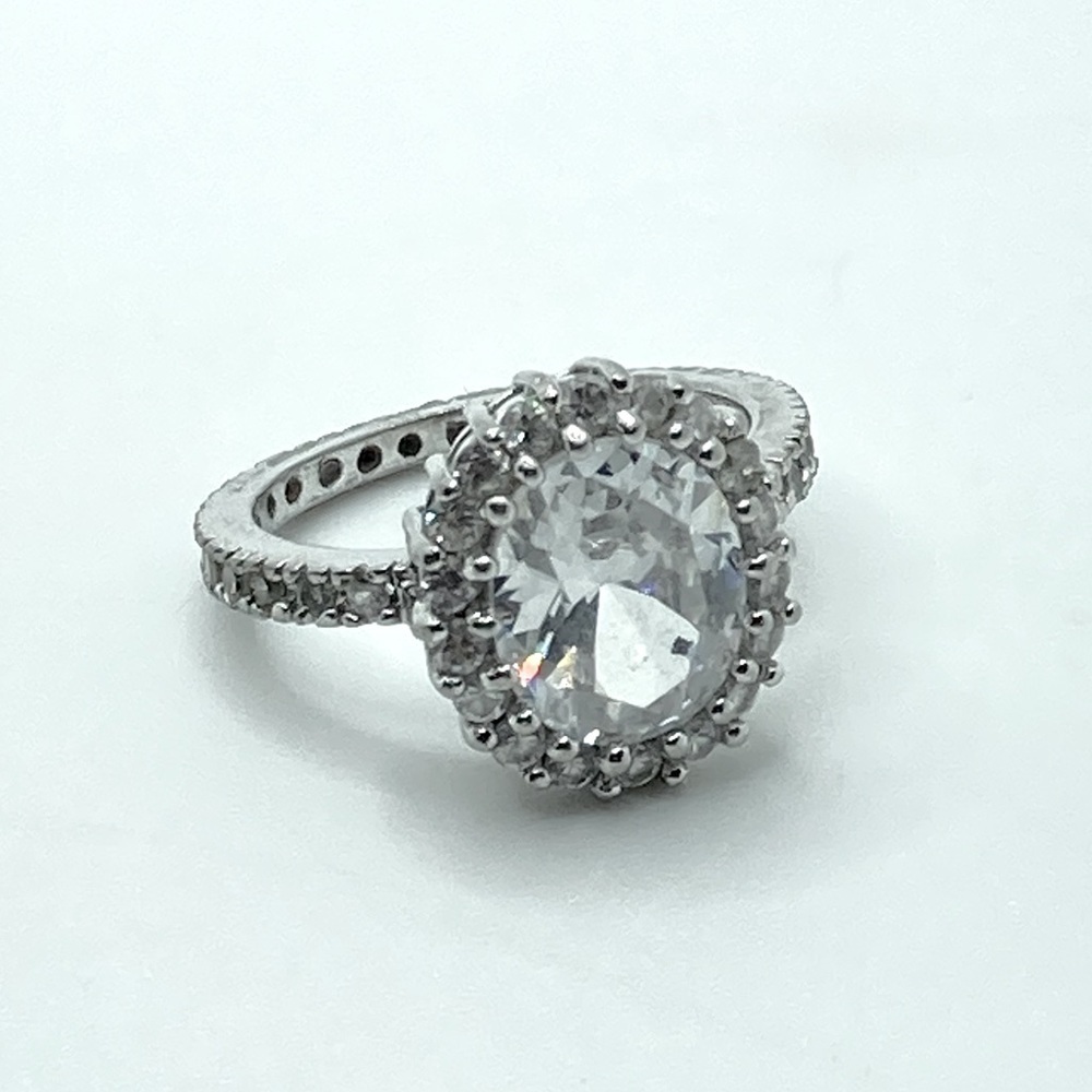 Vtg Sterling & White Cz Hallo Huge Centre Stone Statment Eternity Band Ring Sz 8